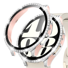 Screen Protector Case for Samsung Galaxy Watch 6 40mm with 9H Tempered Glass, Glitter Bling Hard PC Bumper Cover Pink Silver