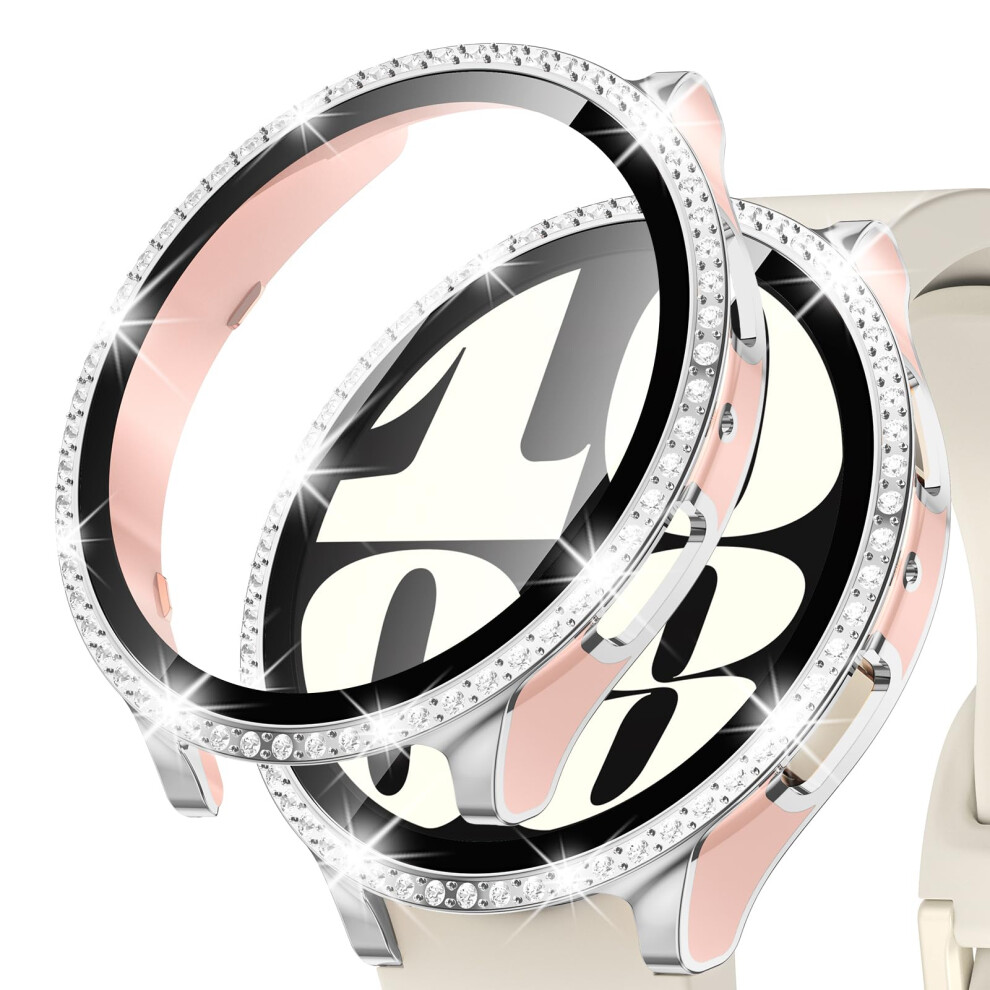 Screen Protector Case For Samsung Galaxy Watch 6 40Mm With 9H Tempered Glass, Glitter Bling Hard Pc Bumper Cover Pink Silver Pink,Silver 9092120086256