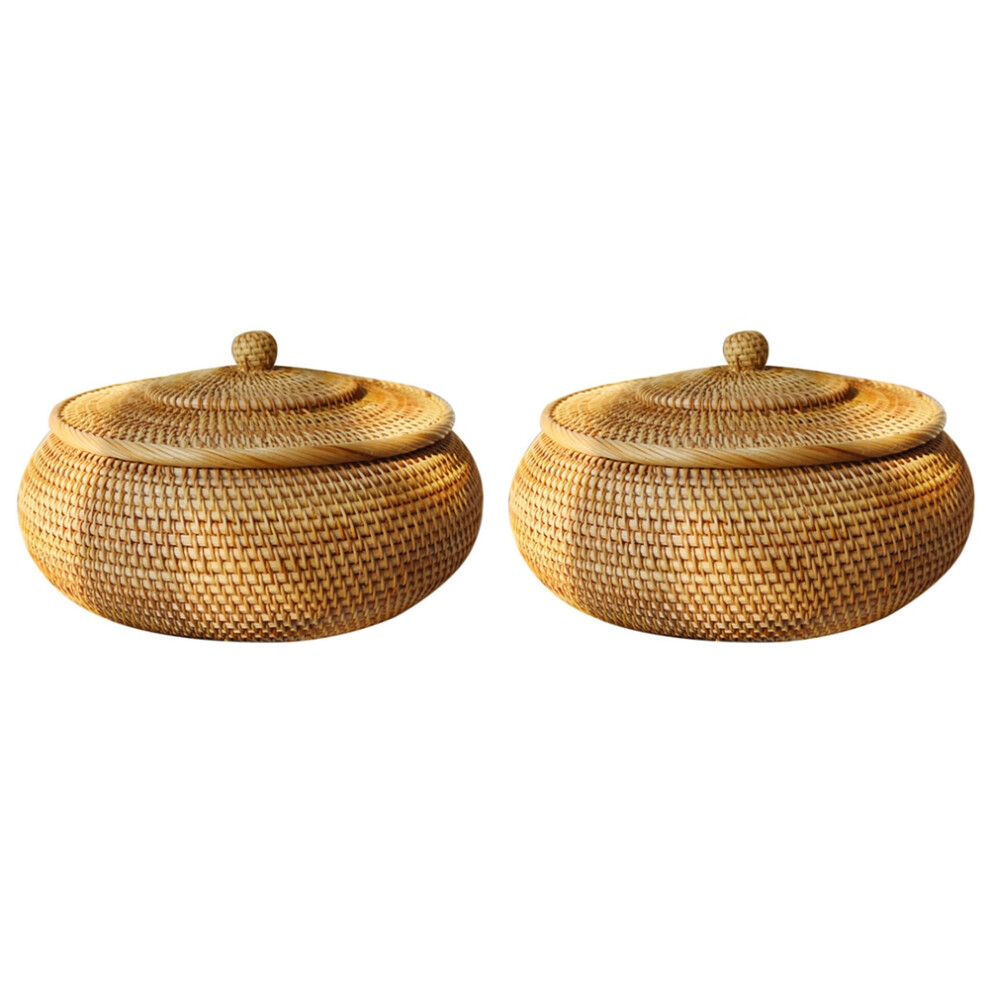 2X Round Rattan Box,Wicker Fruit Basket With Lid Bread Basket Tray Storage Basket Willow Woven Basket For Bread, Snack Golden 6032031515363