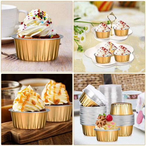 Dessert Cups with Lids, 100 Pack Gold Aluminum Foil Baking Cups Holders 2