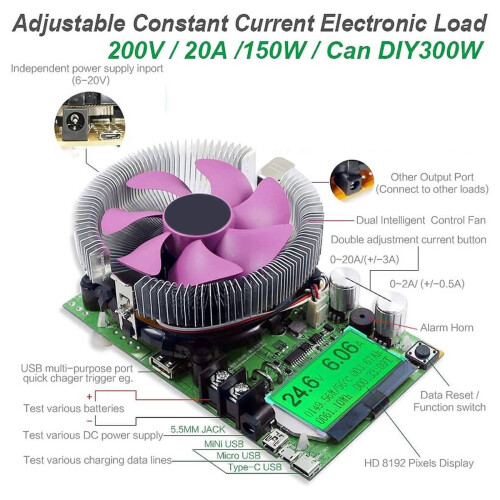 Electronic Load Tester 150W 20A Resistor Adjustable Constant Current Battery Capacity Tester Resistance Power Tester