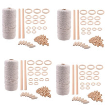 4X Macrame Cord Natural Cotton Rope 3mm with Wood Ring Wood Stick for DIY Teether Macrame Kit Wall Hanging Plant Hanger