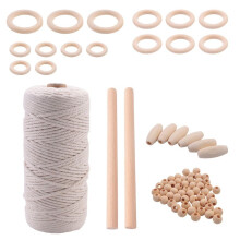4X Macrame Cord Natural Cotton Rope 3mm with Wood Ring Wood Stick for DIY Teether Macrame Kit Wall Hanging Plant Hanger
