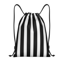 Black and White Stripe Drawstring Backpack Sport Gym Sackpack with Side Pocket Lightweight Durable Design