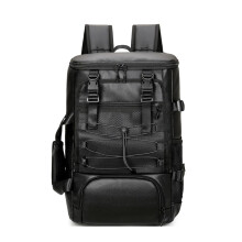 Large Capacity PU Leather Backpack for Travel and Business, Black Laptop Bag with Adjustable Strap
