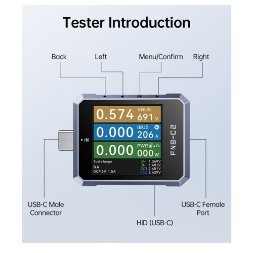 Medidor de Tensão e Amperagem USB FNB-C2, Protocolo PD3.1, PPS, 50 V, 6,5 A 2