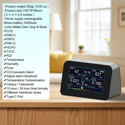 10-in-1 Koolstofdioxidedetector voor Formaldehyde/TVOC/CO2/PM2.5 2