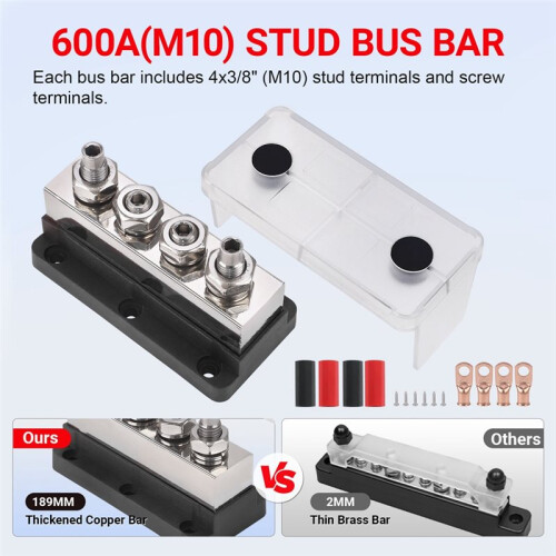 Barra de Cobre 600A 48V com 4 Pinos M10 de 3/8 Polegadas para Baterias de Caminhões e Embarcações 2