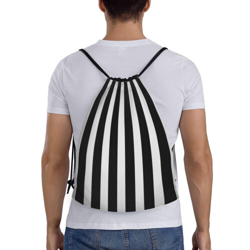 Black and White Stripe Drawstring Backpack Sport Gym Sackpack with Side Pocket Lightweight Durable Design 1