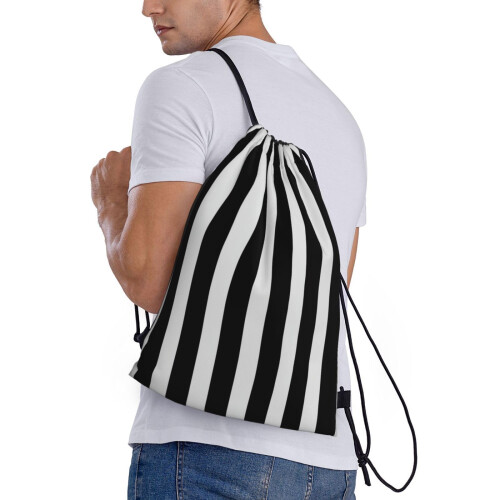Black and White Stripe Drawstring Backpack Sport Gym Sackpack with Side Pocket Lightweight Durable Design 2