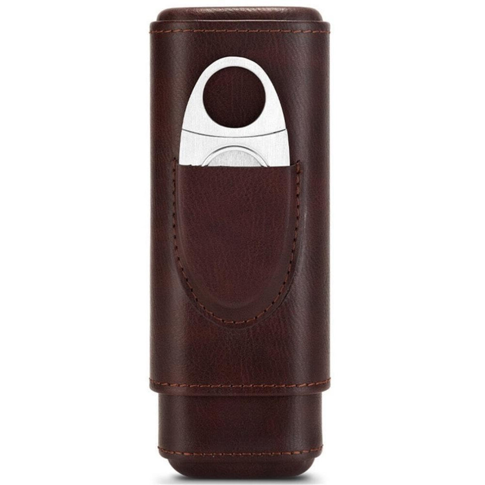 Red Leather Cigar Travel Case For 2 Cigars With Cutter, Cedar Lining And Stylish Compact Design