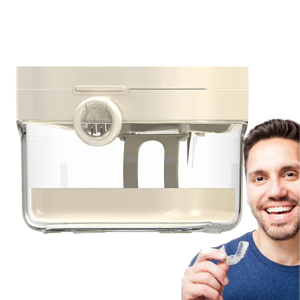White Denture Bath Box With Builtin Mirror And Brush, Travel Retainer Soaking Container For Night Guard
