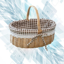 1Pack Wicker Storage Basket for Cell Phone Keys Wallet Keeping with Coffee Plaid Linen Fabric and Wood Base