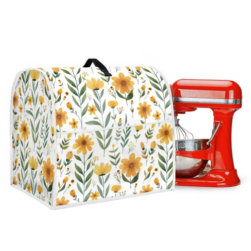 Kitchen Dust Cover for Stand Mixer – Front Pockets, Top Handle, Compatible with 6-8 Quart Mixers, Flower White