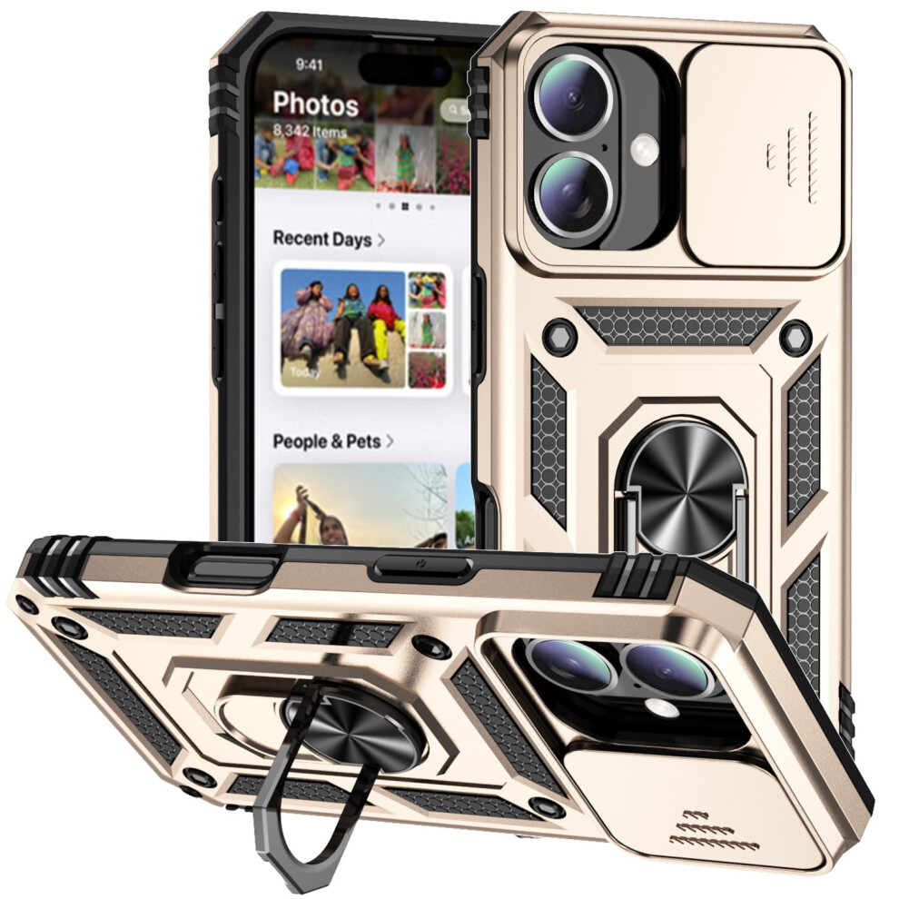 Military-Grade Iphone 16 Plus Case With Ring Holder, Kickstand, Slide Lens Cover & Shockproof Dual-Layer Design Â Gold 9365509060575