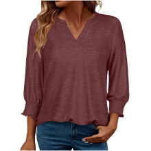 Chemisier décontracté pour femme, col en V, manches bouffantes, longueur 3/4, couleur bordeaux, taille L