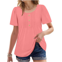 Women's Pink Puff Sleeve Blouse Relaxed Fit Short Sleeve