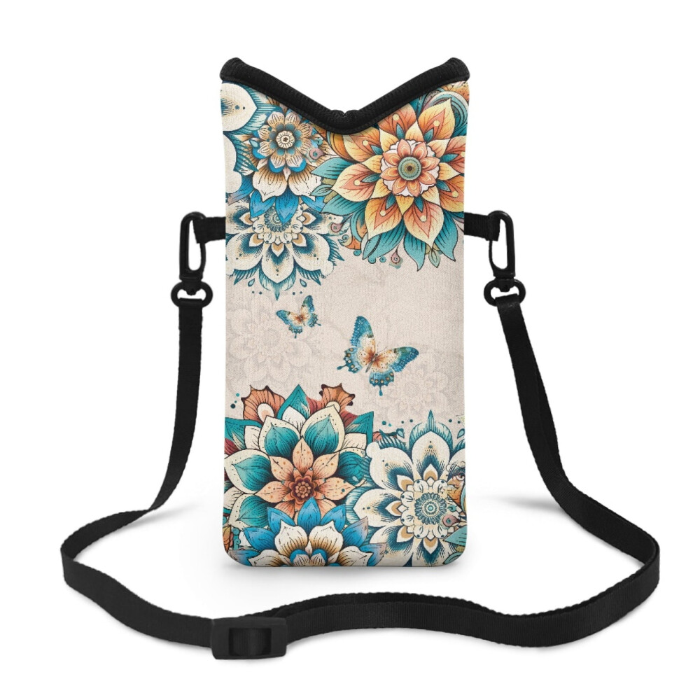 Neoprene Cellphone Sleeve Pouch, 4"X8", Shockproof, Adjustable Crossbody Strap, Hook & Loop, Bohemian Mandala Flower Butterfly Design 9365509059081