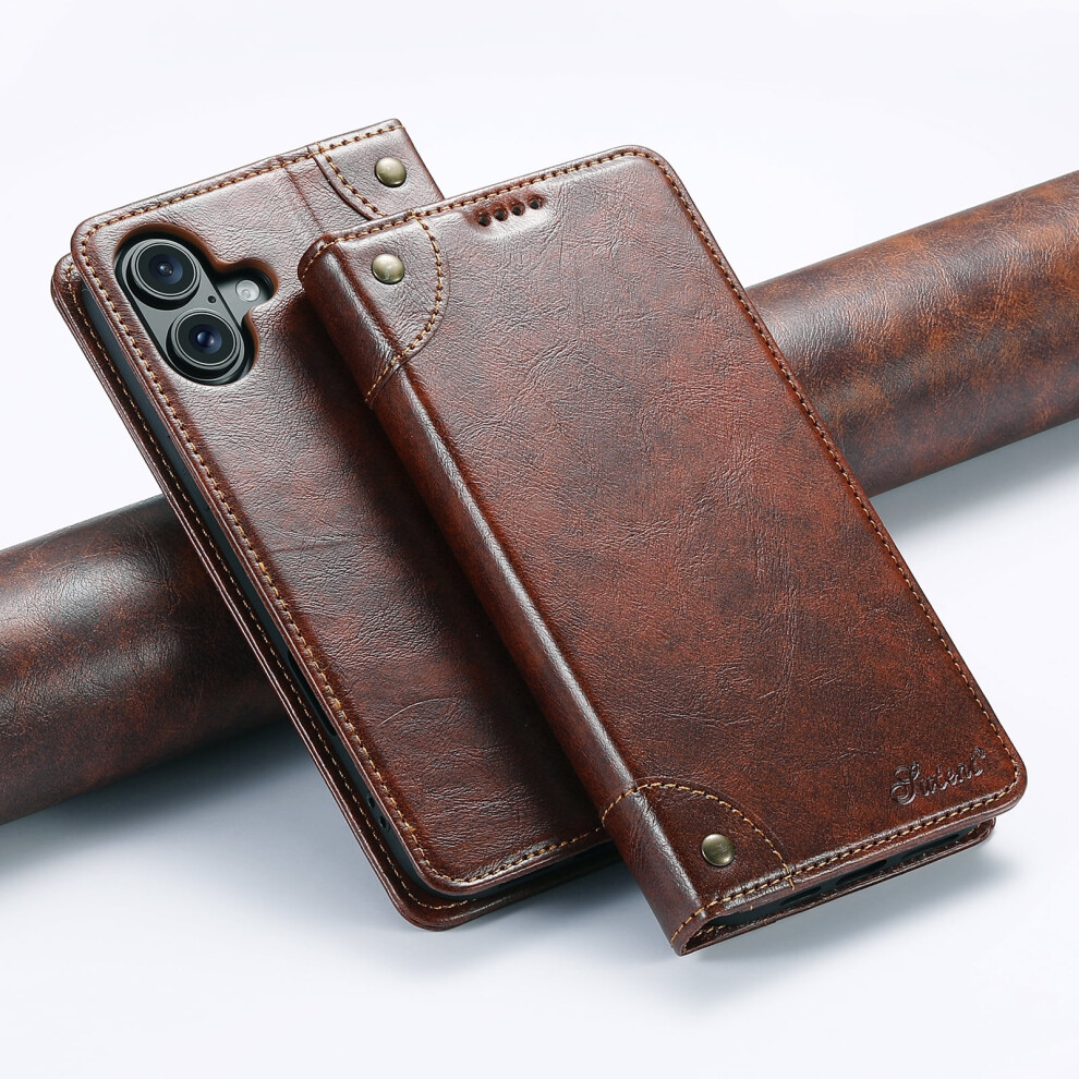 Shockproof Magnetic Wallet Case For Iphone 16 Plus Â Leather Folio With Kickstand & Card Holder, Khaki 9365509062784