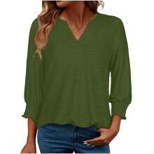 Women's Puff Sleeve V-Neck Blouse Army Green Size S