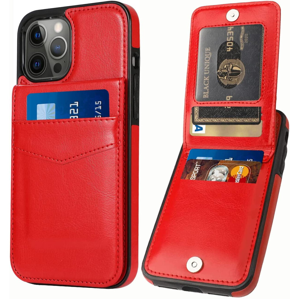 Leather Wallet Case For Iphone 14 Pro Â Built-In Kickstand, 6 Card Slots, Red 9365509061916
