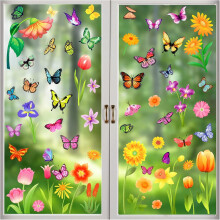 9pcs Spring/Summer Window Clings – Flower & Butterfly Glass Decor for Home, School, Office, Party; Compatible with smooth glass surfaces