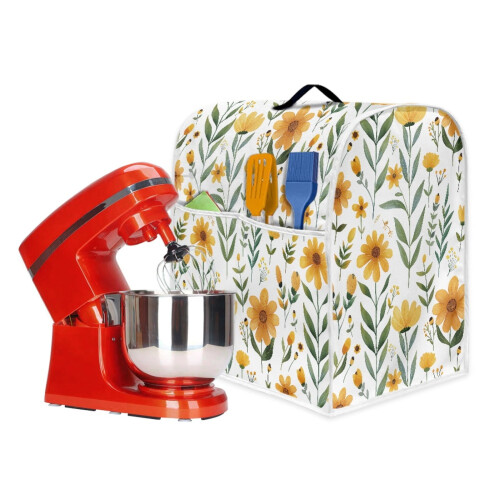 Kitchen Dust Cover for Stand Mixer – Front Pockets, Top Handle, Compatible with 6-8 Quart Mixers, Flower White 1