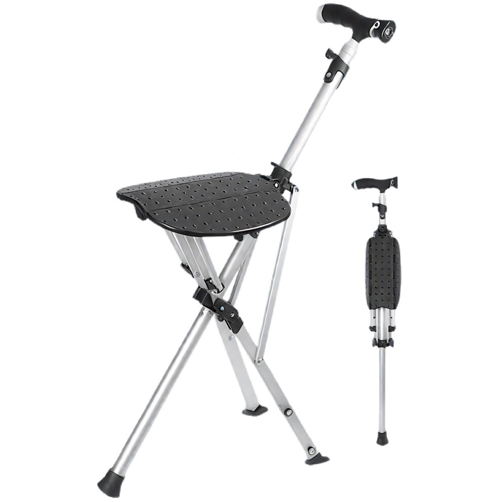 Folding Walking Cane with Seat Adjustable Height Lightweight Silver Walking Stick Chair for Seniors