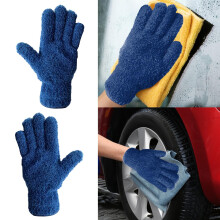 2 Pairs Microfiber Dusting Gloves for House Cleaning Furniture and Plants, Soft Reusable Dark Blue Design