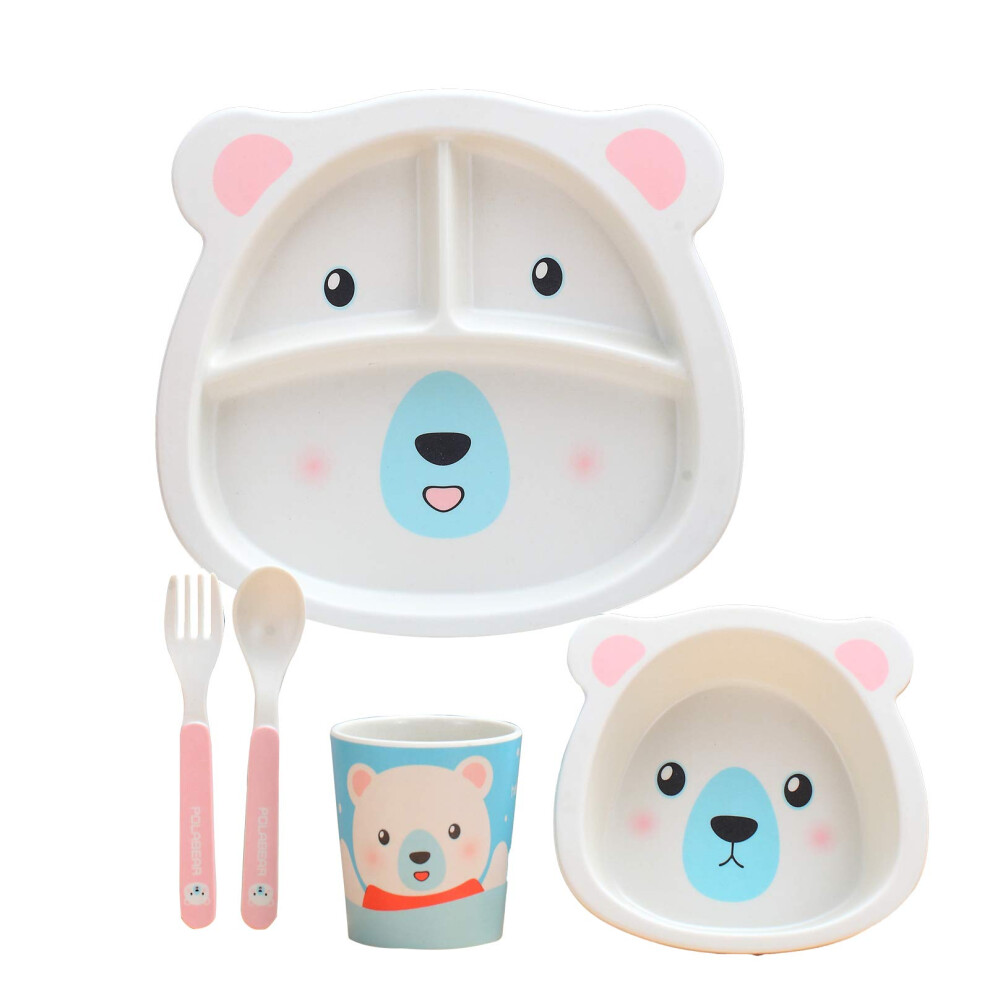 Bamboo Fiber Toddler Tableware Set Polar Bear Print Kids Dinnerware 5Piece EcoFriendly Feeding Set