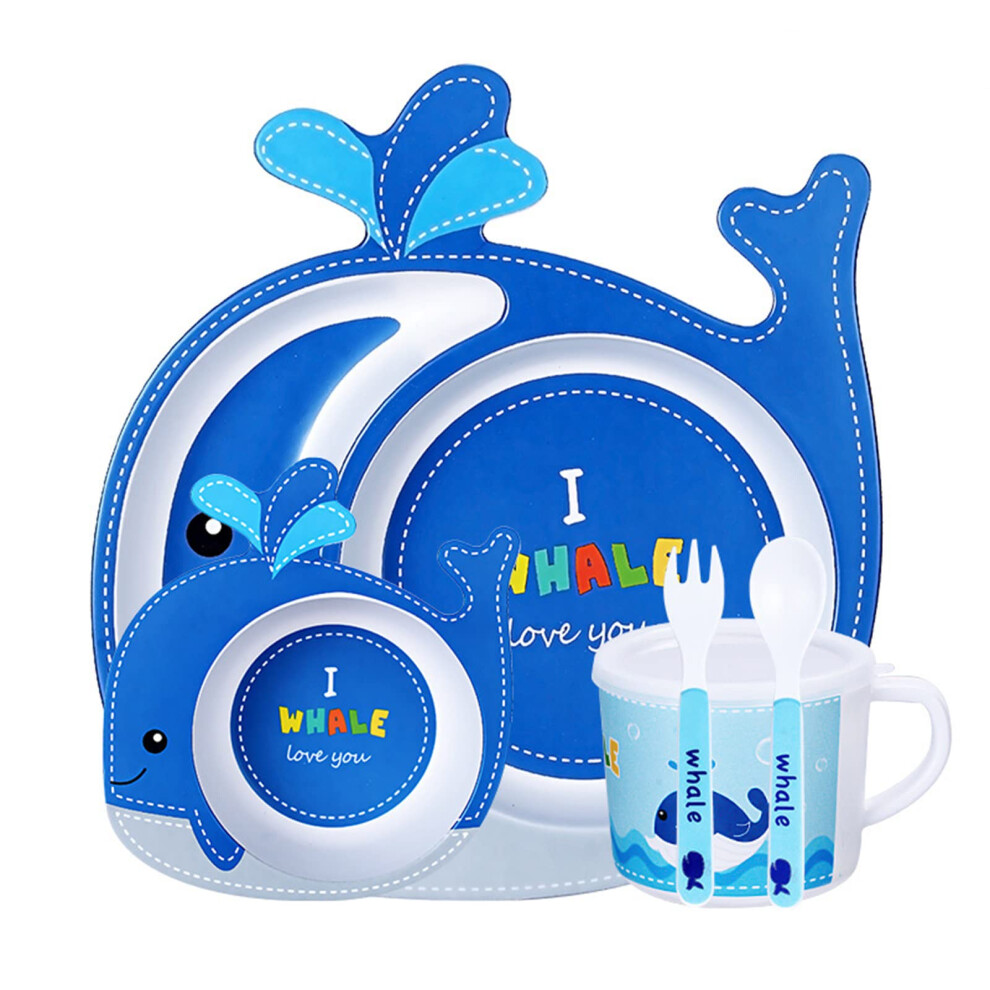 Baby Feeding Set Whale Design Bamboo Fiber Kids Dinnerware 5pcs EcoFriendly Complete Mealtime Kit