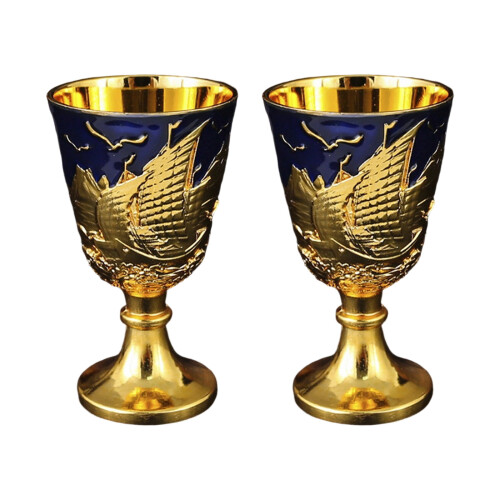 2Pcs Modern High Foot Drinkware Items With A-golden blue