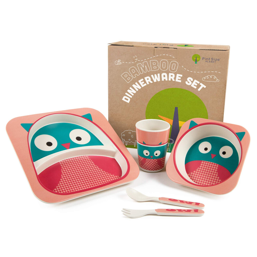Bamboo Kids Dinnerware Set 5 Pcs Owl – Eco Friendly Bpa Toddler Feeding Set Dishwasher Safe Pink