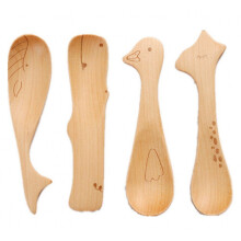 Wooden Spoon Set 4 Pack for Baby and Kids Feeding, Hand Carved Animal Design with Ergonomic Grip