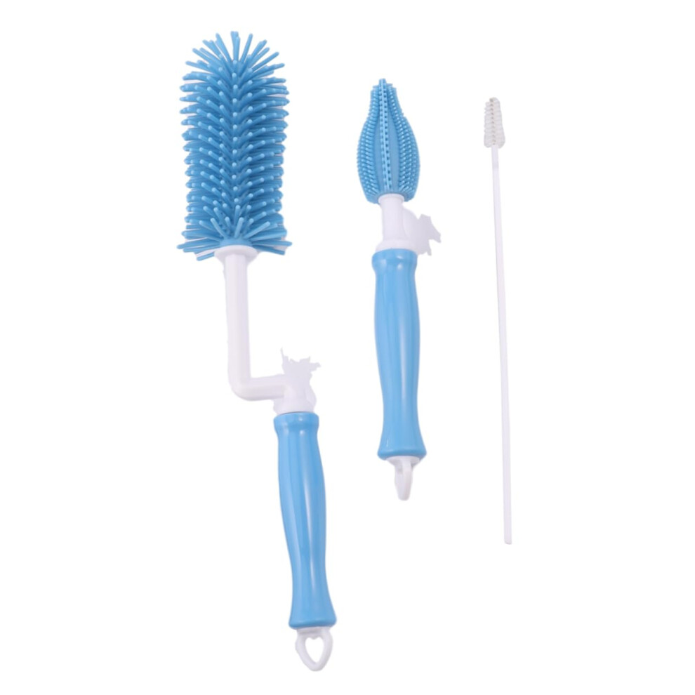 3Pcs Baby Bottle Brush Set, Silicone Rotatable Head Quickdrying Cleaning Brushes For Newborn Feeding Cups And Pacifiers, Blue