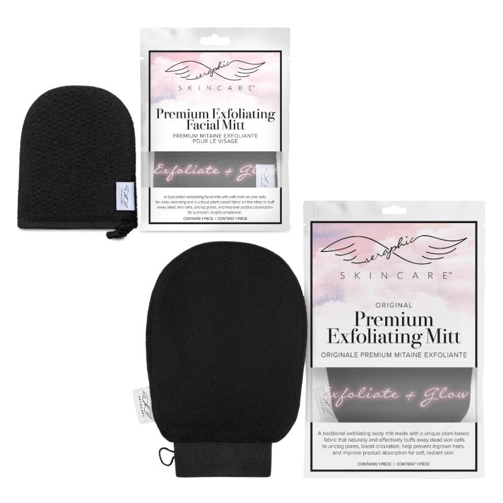 Exfoliating Mitt and Facial Scrub Pad Set for Deep Body Exfoliation, Self Tan Removal, Gentle Cleansing
