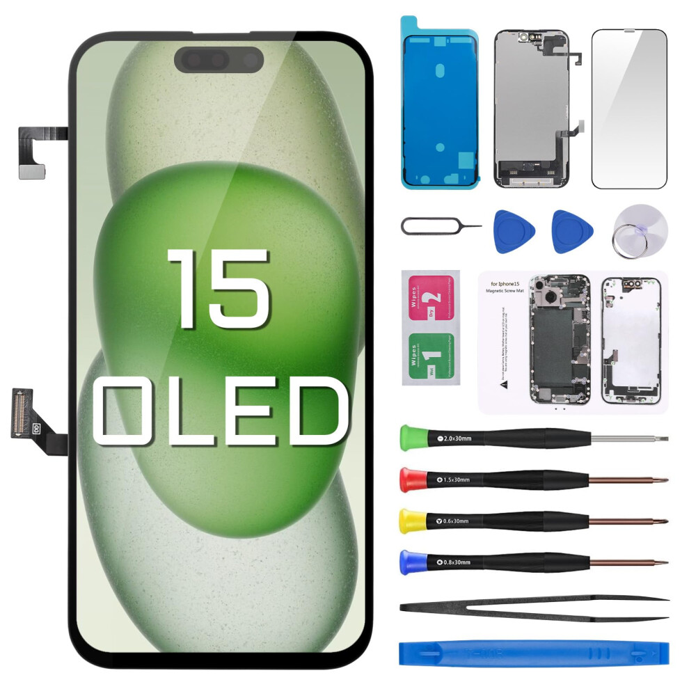 Oled Screen Replacement Kit For Iphone 15 6.1' Full Display Digitizer Assembly With Waterproof Adhesive And Speaker 9092120101737