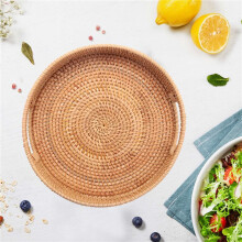 2X Round Rattan Woven Serving Tray with Handles Ottoman Tray for Breakfast, Drinks, Snack for Coffee Table