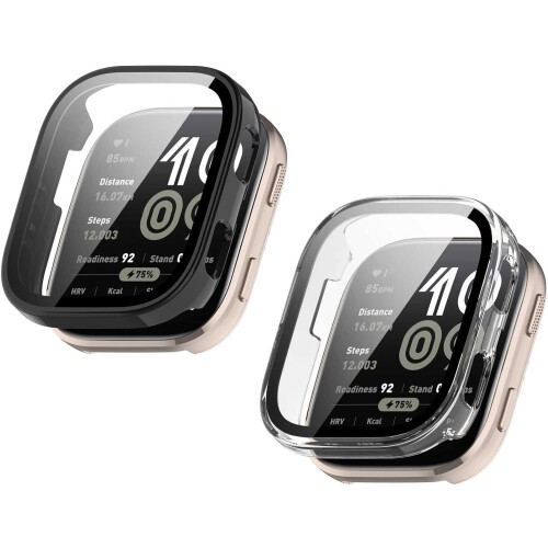 Screen Protector Case 2 Pack 9H Tempered Glass HD Clear Full Coverage (Black/Clear) for Amazfit Bip 6