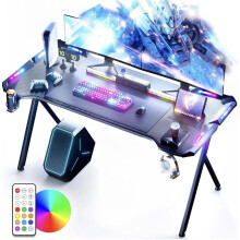 Gaming Desk With LED Lights Carbon Fiber Surface Cup Holder & Headphone Hook NEW