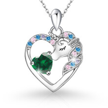 (【May】 Green Diamond, Gold color) Classic Elegant Women's New S925 Sterling Silver Unicorn Heart 12 Birthstone Necklace, Minimalist Luxury Jewelry