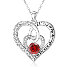 (【January】 Red Diamond) Classic Elegant Women's New Eternal Heart S925 Sterling Silver Necklace, 12 Birthstone Heart Pendant