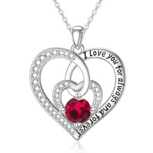 (【July】Rose Diamond) Classic Elegant Women's New Eternal Heart S925 Sterling Silver Necklace, 12 Birthstone Heart Pendant