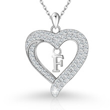(F, White gold) Classic Elegant Women's New S925 Sterling Silver CZ Heart Initial Necklace, Fashion Love Letter Pendant