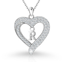 (R, White gold) Classic Elegant Women's New S925 Sterling Silver CZ Heart Initial Necklace, Fashion Love Letter Pendant