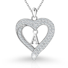 (A, White gold) KOUYI Women's New S925 Sterling Silver CZ Heart Initial Necklace, Fashion Love Letter Pendant