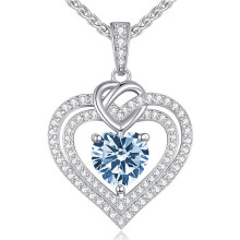 (【March】Light Blue Diamond) KOUYI Women's New S925 Silver 12 Birthstone Double Heart Necklace, Luxury CZ Pendant