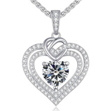 (【April】White Diamond) Classic Elegant Women's New S925 Silver 12 Birthstone Double Heart Necklace, Luxury CZ Pendant