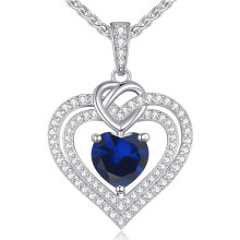 (【September】Dark Blue Diamond) Classic Elegant Women's New S925 Silver 12 Birthstone Double Heart Necklace, Luxury CZ Pendant
