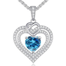 (【December】Lake Blue Diamond) Classic Elegant Women's New S925 Silver 12 Birthstone Double Heart Necklace, Luxury CZ Pendant
